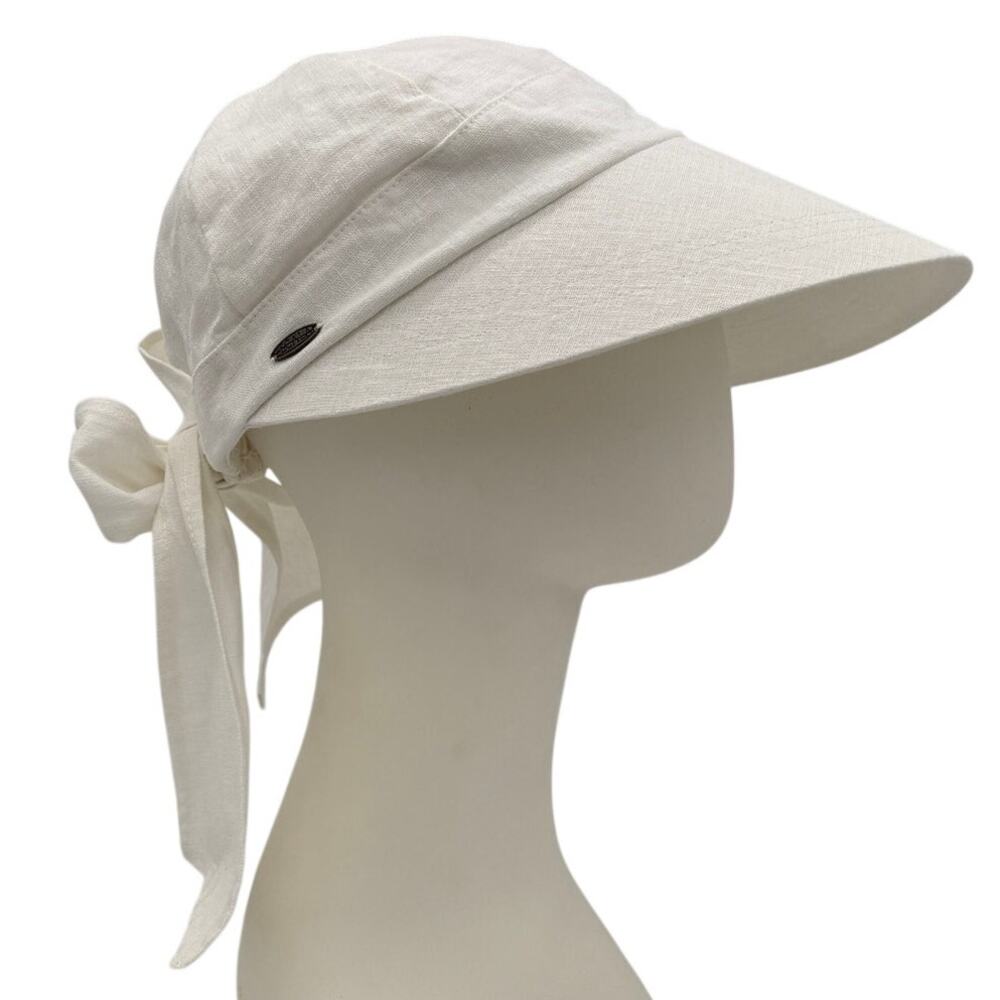 Scala Pronto Linen Cotton Visor Hat White One Size Tie Back Golf Tennis Cottage